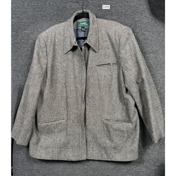 Lauren Ralph Lauren Jacket Womens Large Gray Tweed Herringbone Zip Front Lined - Picture 1 of 5